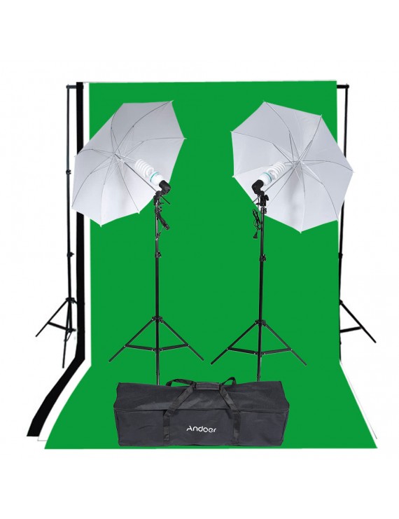 Andoer Photography Studio Portrait Product Light Lighting Tent Kit Photo Video Equipment (2 * 135W Bulb+2 * Bulb Holder+2 * Reflective Shooting-through Umbrella+3 * Backdrops+1* Backdrop stand+2 * Tripod Stands+1* Carrying Bag)